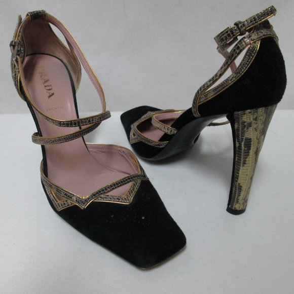 PRADA black Suede w/ Snakeskin square toe heels pumps ITALY buckle Size Sz 38 - Picture 9 of 12